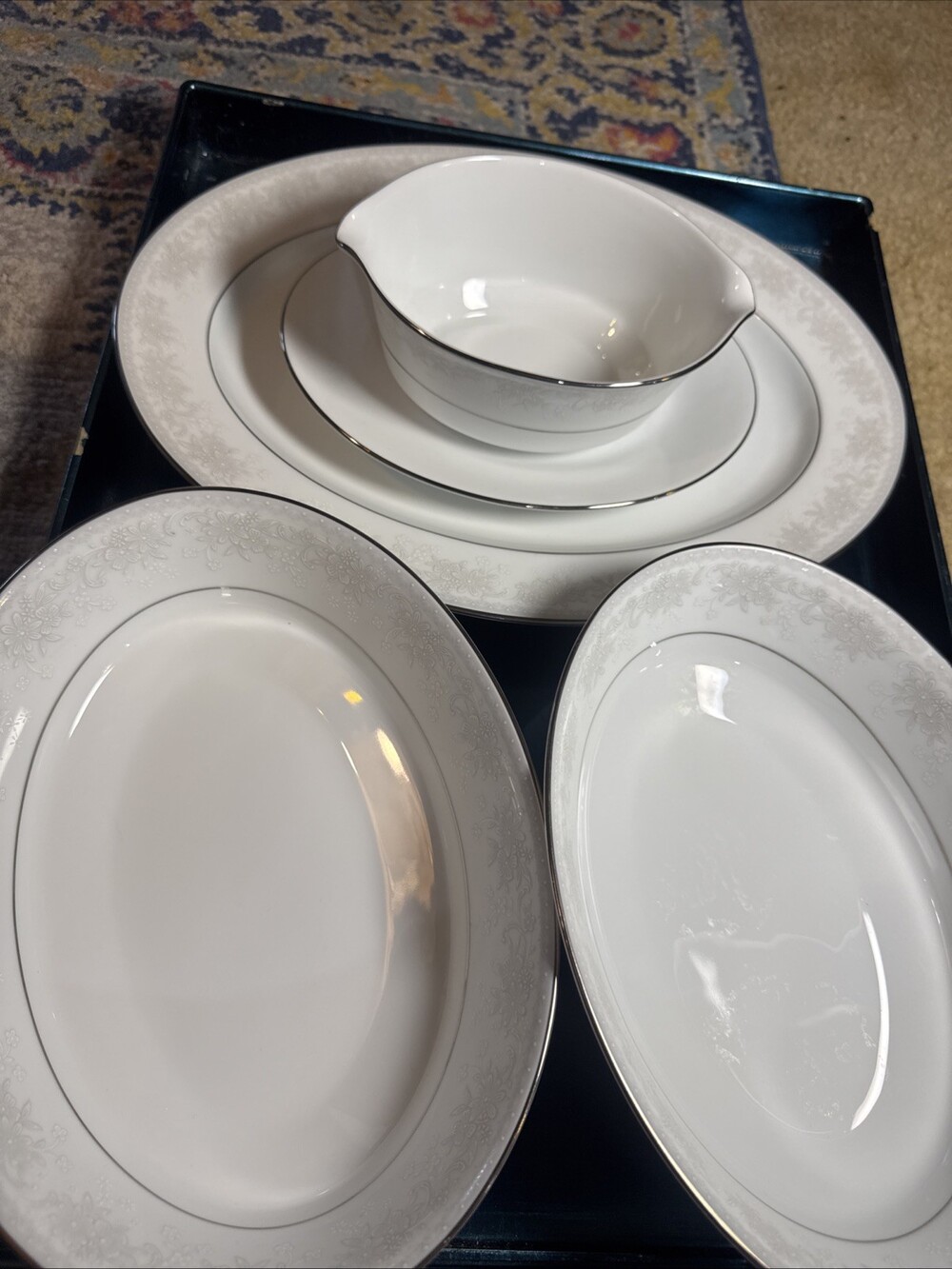 Noritake Misty Chin Serving Set 2-9 1/2” Oval Bowls - 13 1/2” Platter Gravy Boat